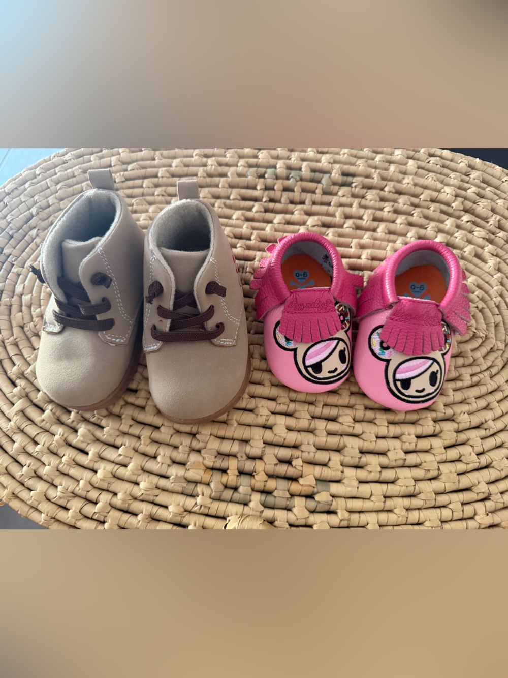 Lot 2- Baby Shoes Itzy Ritzy x Tokidoki Leather Moccasins 0-6M + Carter boots 4